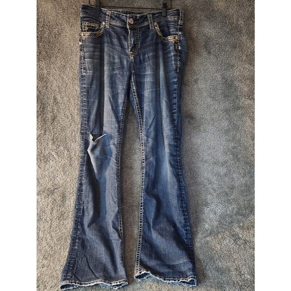 Silver Jeans Suki Womens Size 32 X 33 Thick Embroidery Dark Wash Mid Rise Denim - Picture 1 of 9